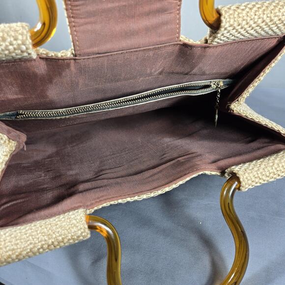 Vintage Handmade Tote Bag Velvet Flowers Woven Straw Look Purse Acrylic Handles - Picture 10 of 12